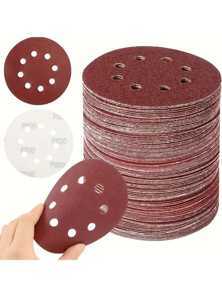 

10 шт. 5-дюймовая флокированная наждачная бумага - 8-отверстий для полировки, красные шлифовальные диски/подушечки (простыни)