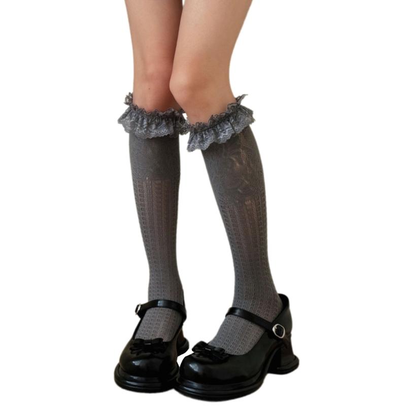 Women Knee Highs Fishnet Socks Ruffle Lace Hollowed out Calf Socks Mesh Socks Lolitas Fishnets Stockings Cosplay Costume