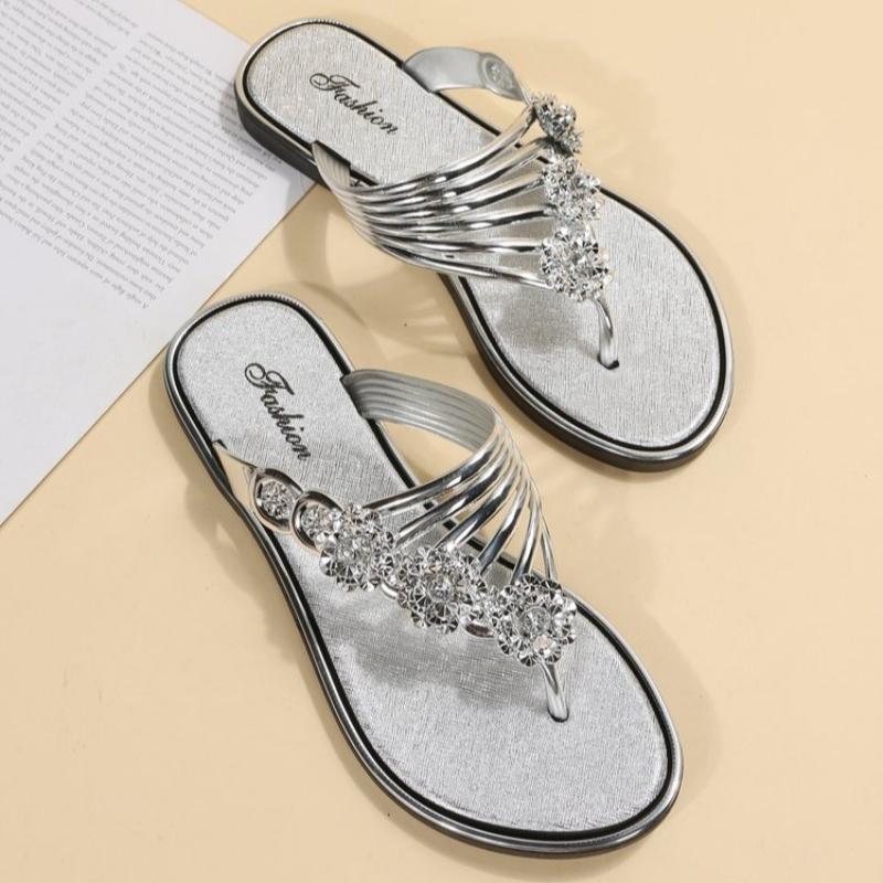 Women's Slippers Flats Shoes Floral Pattern Cutout Toe Post Flip Flops Summer Sandals Low Heels Beach Luxury Rhinestones