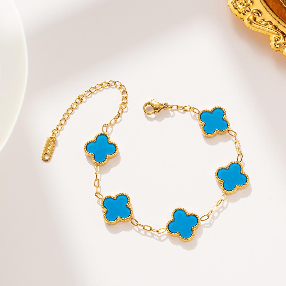 18K Gold Titanium Steel Four-Leaf Clover Double-Sided Bracelet with Five-Color Flowers.