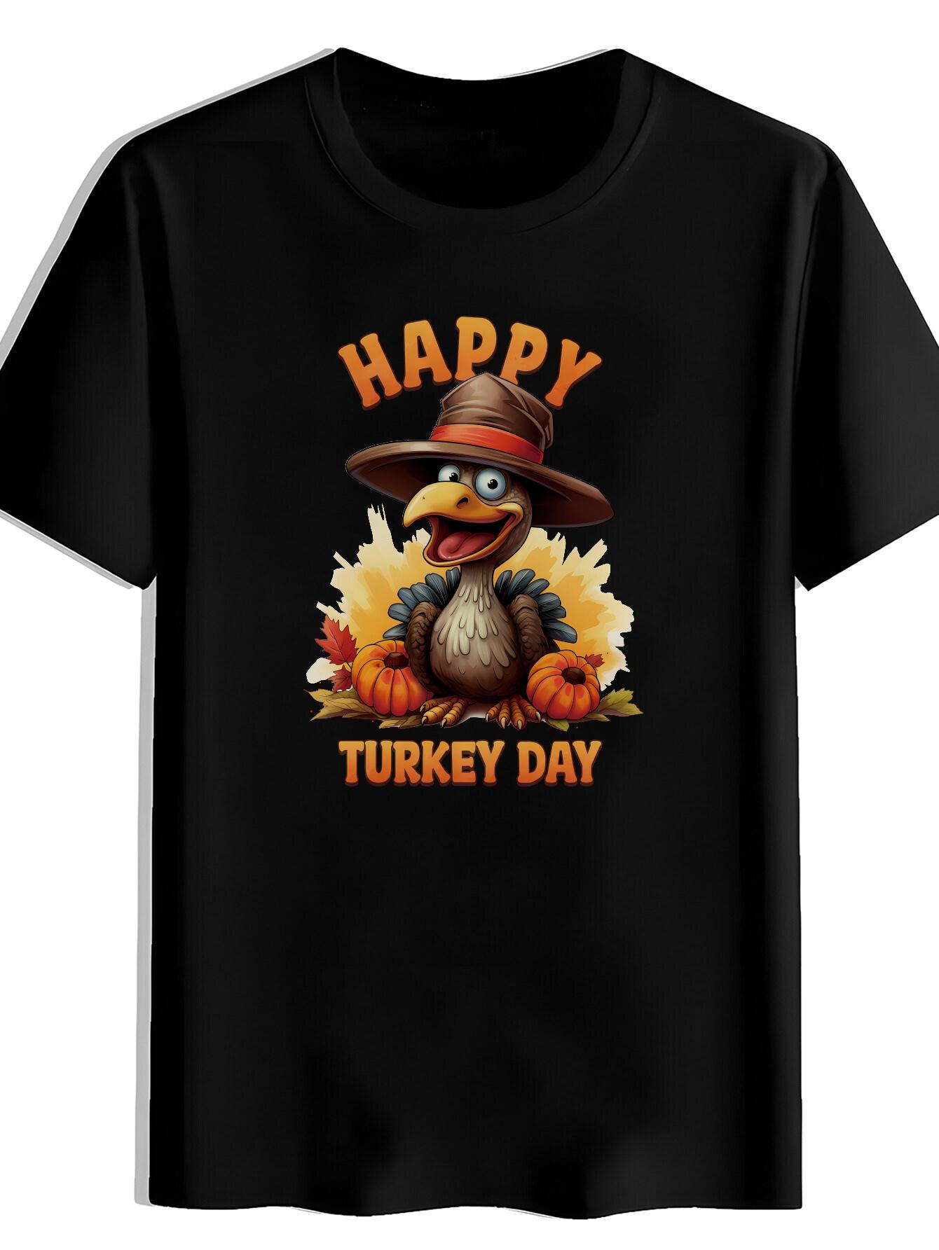 T-shirt Cartoon Turkey Brown Wide-Brimmed Hat with Red Strap Print XS
