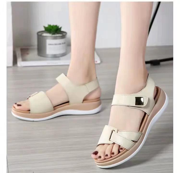 Soft Leather Sandals Women's Summer Flat-bottomed Fashion Outer Wear Non-slip Casual Sandals and Slippers Mid-heel Women's Shoes