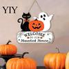 Wooden Welcome Sign Halloween Wood Door Sign, Pumpkin Ghost Black Cat Hanging Decor for Holiday Home Entrance Ornaments Front Door, Rustic Farmhouse