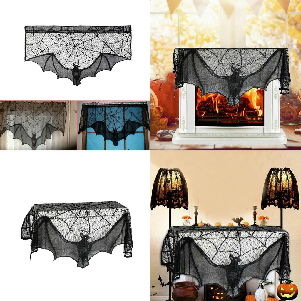 Stylish Black Lace Spider Web Bat Cover For Halloween Fireplace Mantle Decor