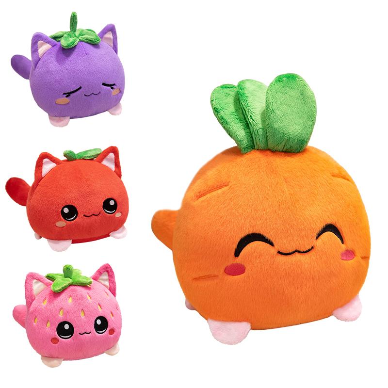 Cartoon Strawberry Cat Plush Toy Cute Pink Apple Eggplant Cat Stuffed Animal Doll Soft Cuddly Plushie Birthday Christmas Gifts