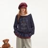 unifree 2025 Fall Korean Print Faux Two-Piece Sweatshirt