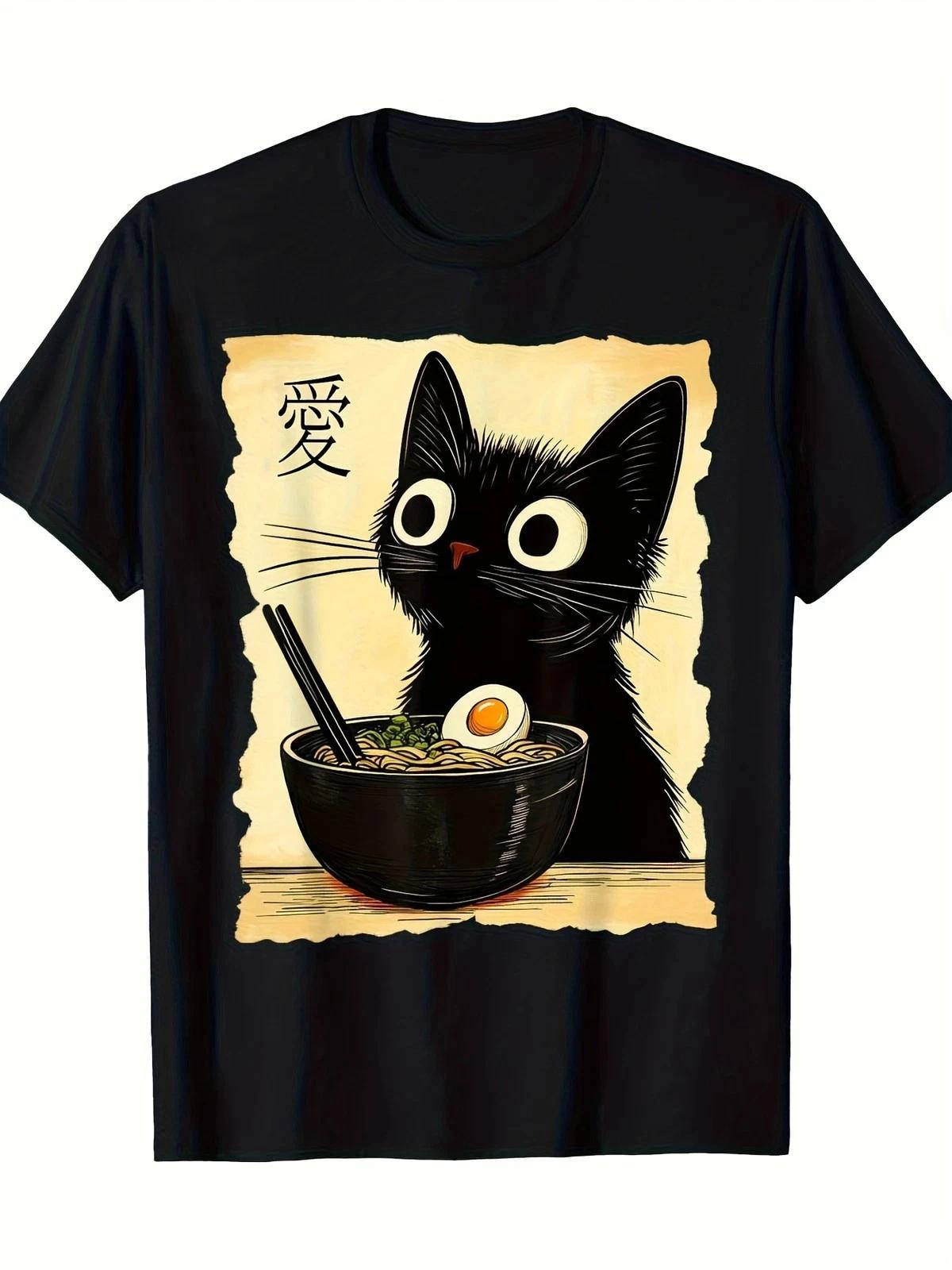 Cute Cat and Ramen Anime T-Shirt Unisex- 100% Japanese Style Printed Tshirt L