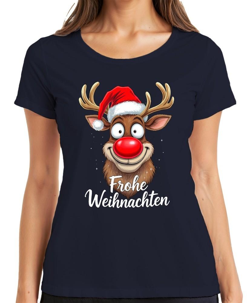 Merry Christmas Funny Reindeer Rudolf Santa Hat Cartoon Ladies TShirt S