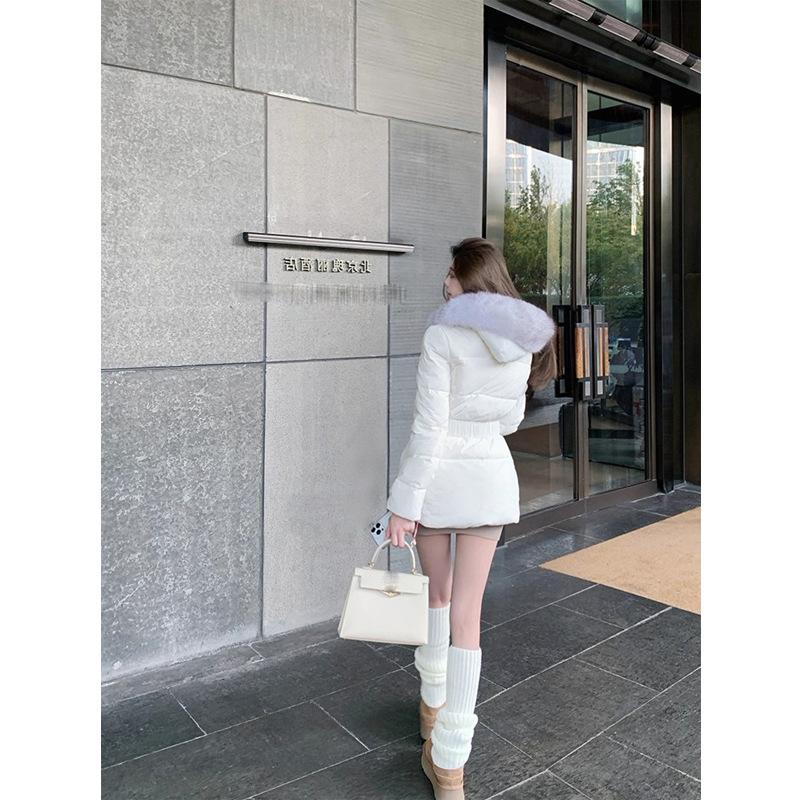 Winter New Belt Waist Skinny Hooded White Down Jacket Women's Warm Fur Collar White Duck Down Jacket