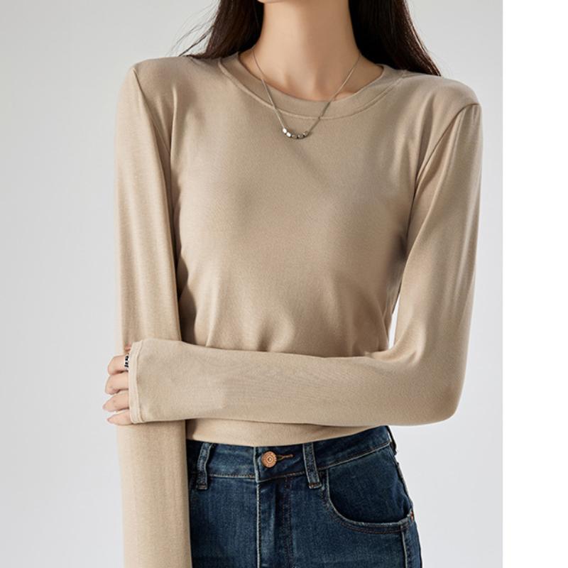 New Design Pleated Waist Hot Girl Long-sleeved Top for Women In Autumn and Winter Round Neck Straight Shoulder Bottoming Shirt T-shirt