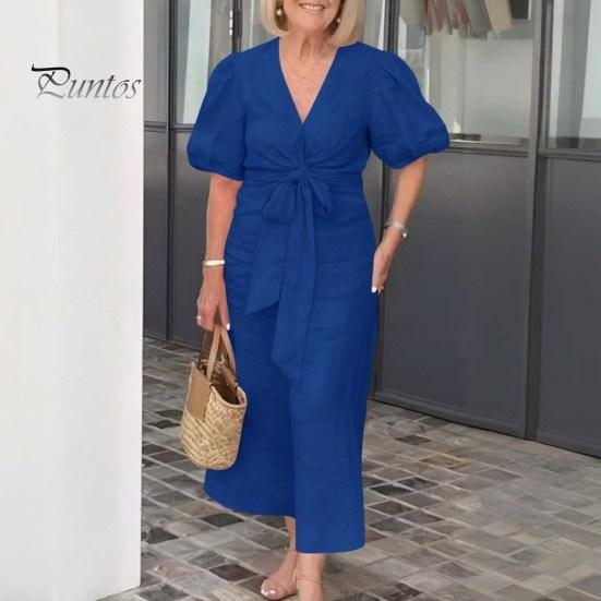 Summer Maxi Dress V Neck Lace-up Waist Bubble Sleeves Solid Color Loose Long Dress for Daily Life Date Work Party