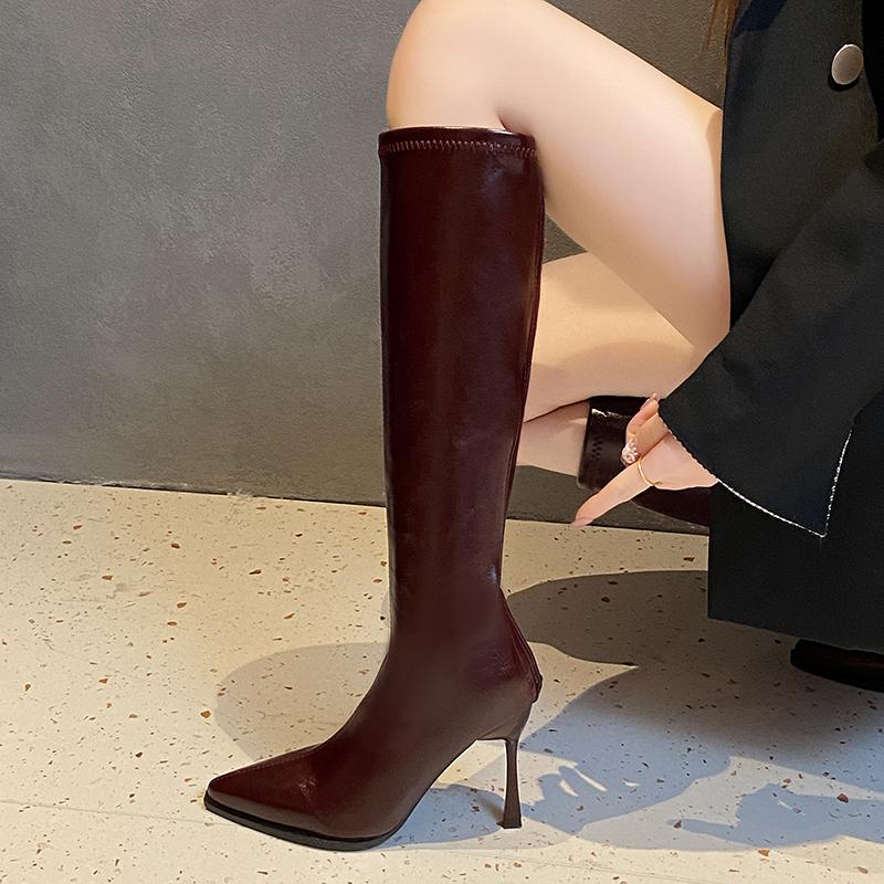 Fashion Temperament Fine Heel Single Four Seasons Pointed Head Bright Leather Cover Foot Back Zipper Non-slip High Heel Boots