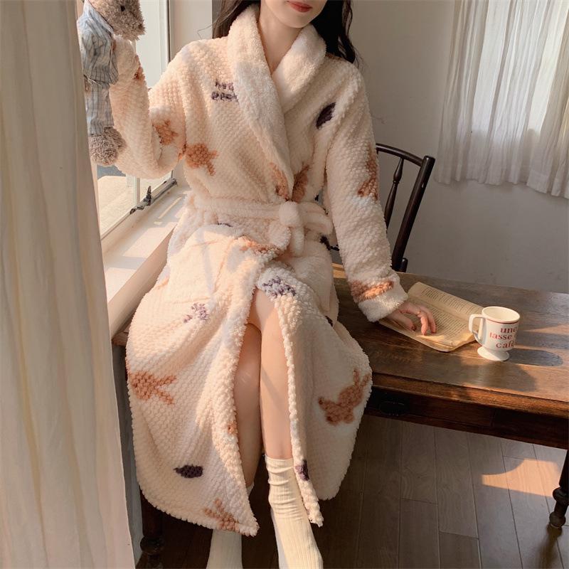 Autumn/Winter Women's Coral Fleece Bathrobe: V-neck, Belted, Long Sleeves, Mid-length, Sweet Style, Warm Homewear.