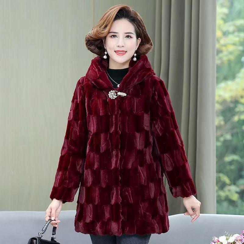 New mother winter imitation mink velvet imitation fur coat medium and old women's hooded thickened imitation mink coat