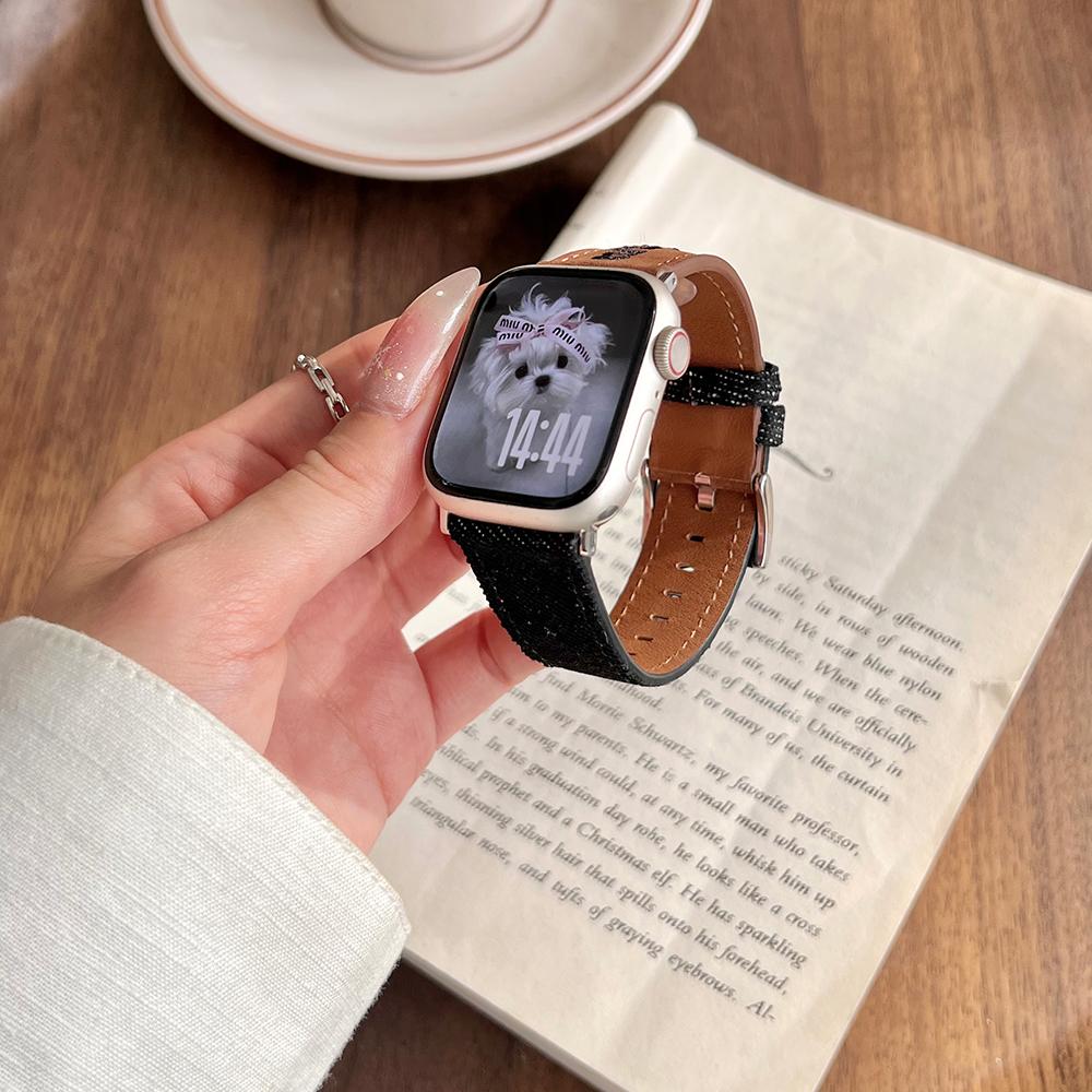 Watch Band For Apple Watch Series 10 Ultra 9 8 7 SE 6 5 4 3 2 1 46mm 49mm 45mm 44mm 42mm Embroidered Denim Leather Strap