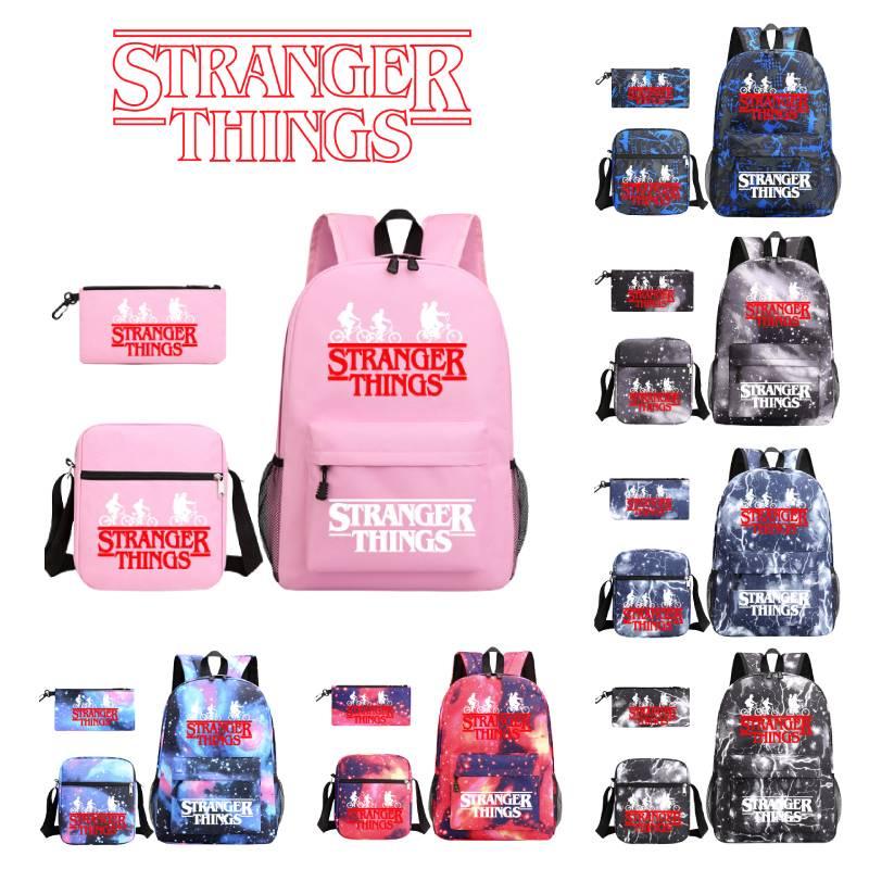 Stylish Stranger Things Canvas Backpack Set Includes Shoulder Bag And Pencil Case Perfect For Casual Travel