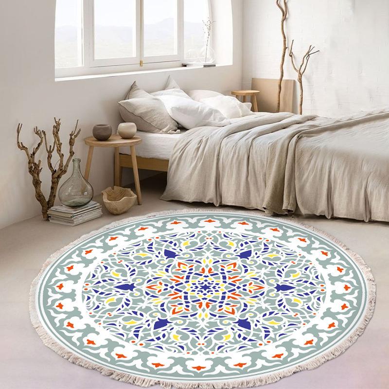 Nordic Cotton and Linen Home Leisure Non-slip Fringed Printed Round Carpet Living Room Floor Mat Bedroom Bedside Blanket