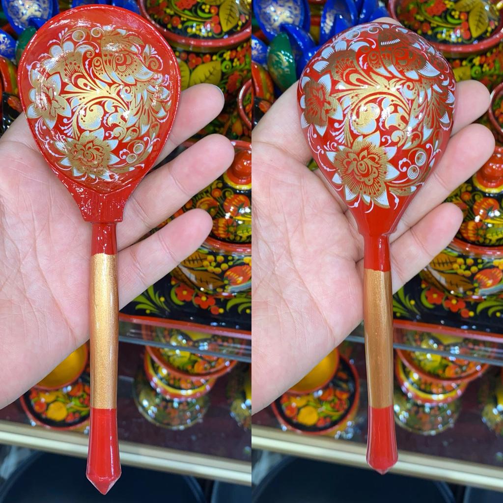 Handmade Russian Painted Wooden Dessert Spoon with Floral Design