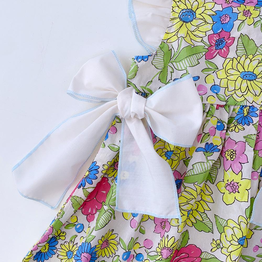 Summer Girls Floral Sleeveless Dress With Ruffles And Double Bows Printed Princess Party Dress For Kids