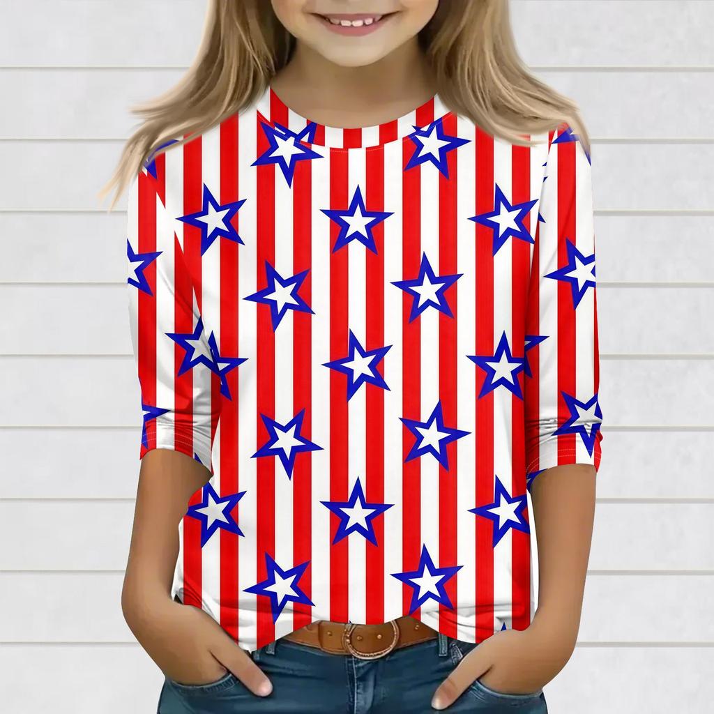 Print Tops For Youth Girls 3-10 Years Round Neck 3/4 Sleeves T-Shirts Trendy Tops Outfit Tees