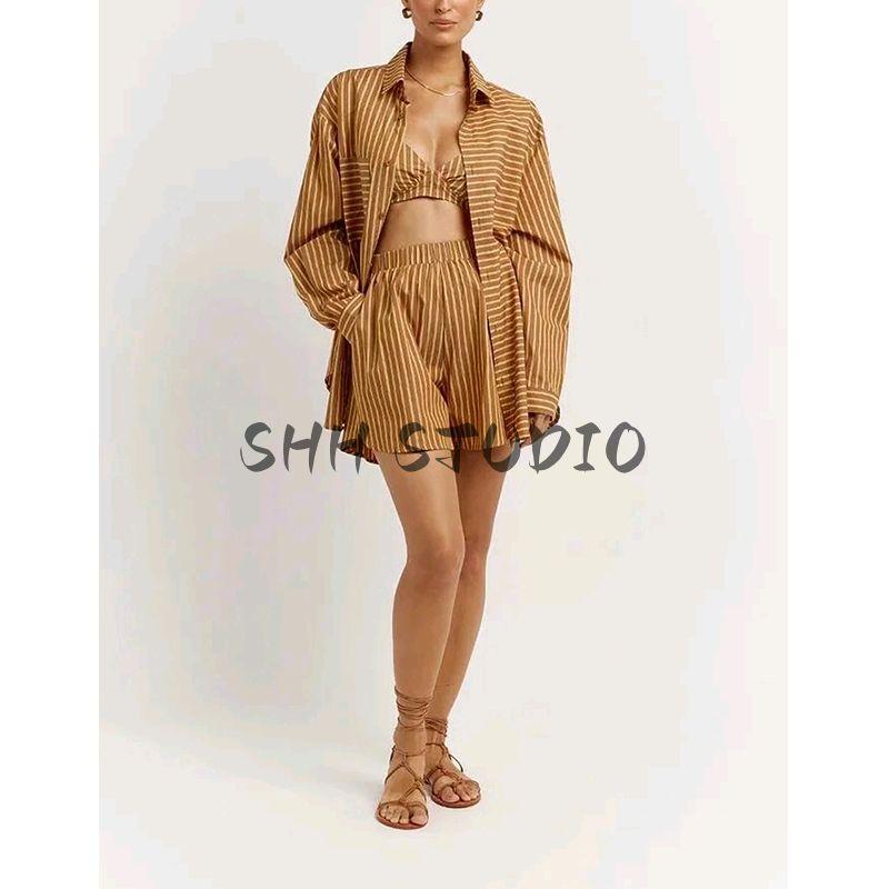 Spring New Women's Clothing Hong Kong Style Comfortable Lapel Long Sleeves Stripes Shirt + Casual Loose Stripes Shorts Suit