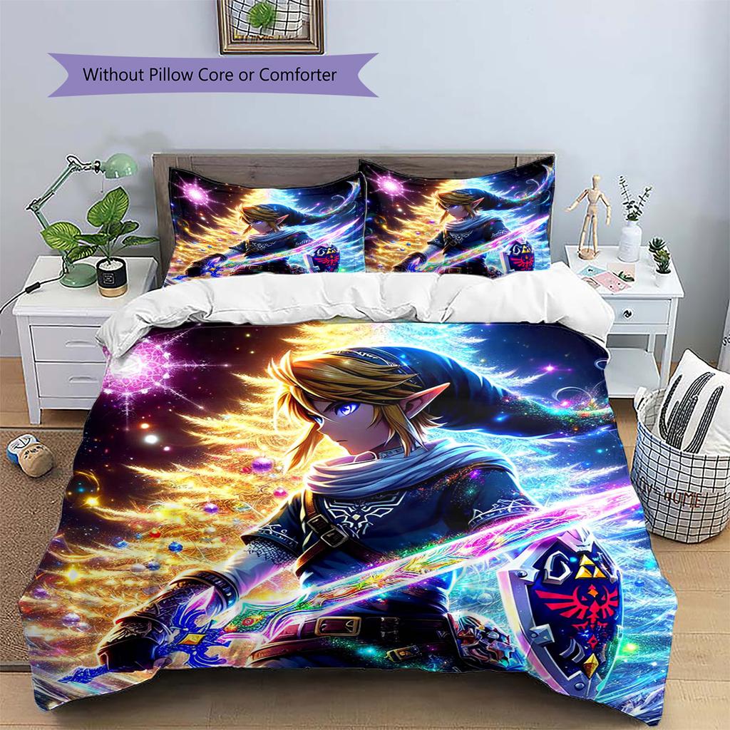 Link Zelda Vzor Ložní povlečení Sada prošívaných dek a povlaků na polštáře Domácí dekorace Dárek (1 * povlak na peřinu + 2 * povlak na polštář, bez jádra)