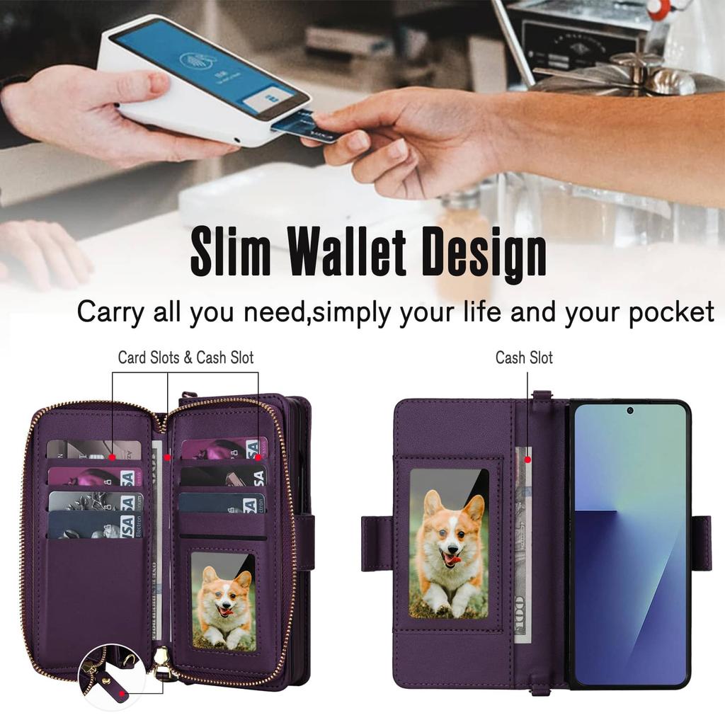 Crossbody Wallet Case for Samsung Galaxy Z Fold 7 6 5 4 3 RFID Blocking Zipper Flip Cover Card Holder Kickstand Purse