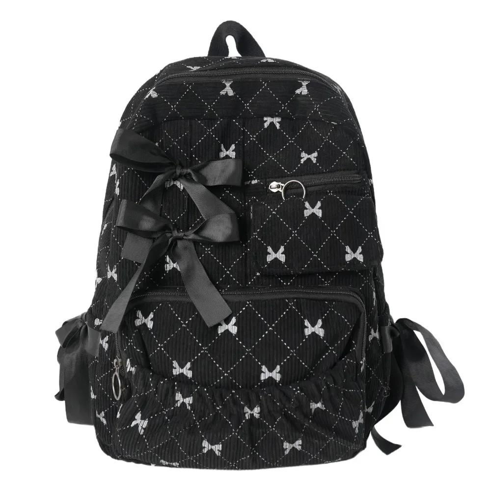 1PC Fashion Corduroy Bow Schoolbag Large Capacity Bow Print Backpack Bag Ins Style Students Backpack Women Students Backpack