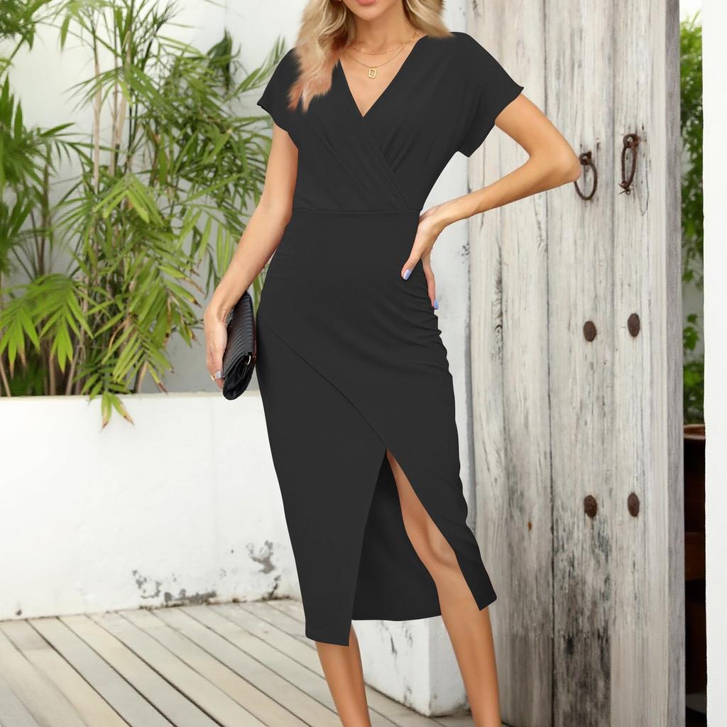 Women Summer V Neck Elegant Slim Fit Dress Casual Cocktail Work Wrap Formal Evening Dress