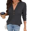 Damen Unifarben V-Ausschnitt Knopf Waffelstrick Langarm Locker T-Shirt