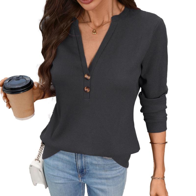 Damen Unifarben V-Ausschnitt Knopf Waffelstrick Langarm Locker T-Shirt