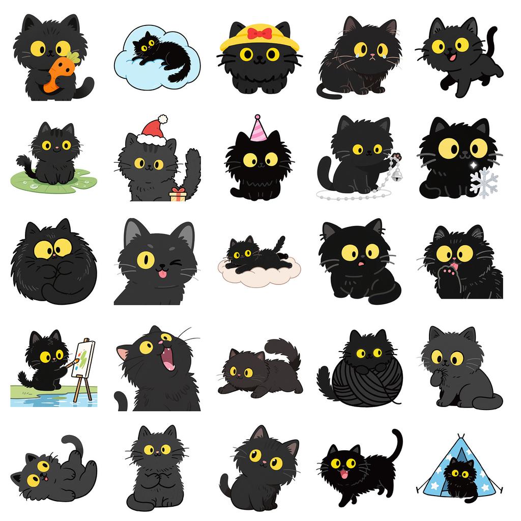 50 Big-Eyed Black Cat Cartoon Stickers Cute And Cute Black Cat Water Cup Flat Waterproof Decorative Stickers