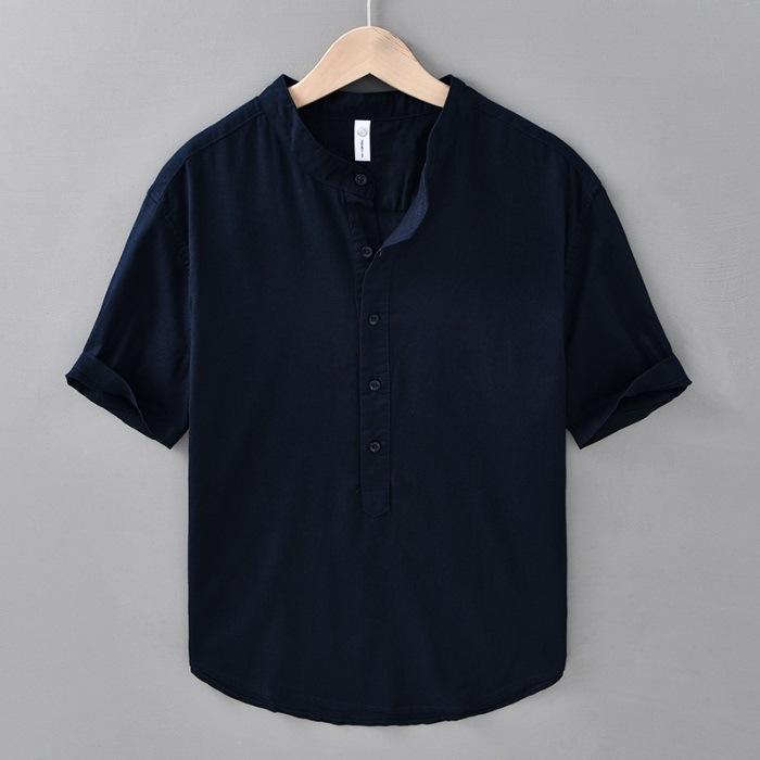 Cotton and Linen Stand Collar Summer Short-sleeved Shirt Pullover Simple Casual Linen Shirt