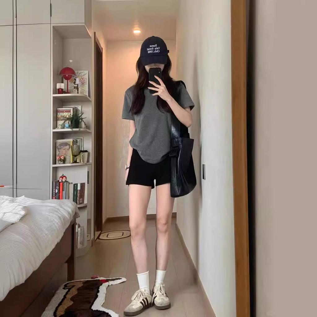 Basic Shoulder Pure Cotton T-shirt Women's Summer Casual Versatile Korean Version Gray Short-sleeved Ins Trendy Thin Loose Top