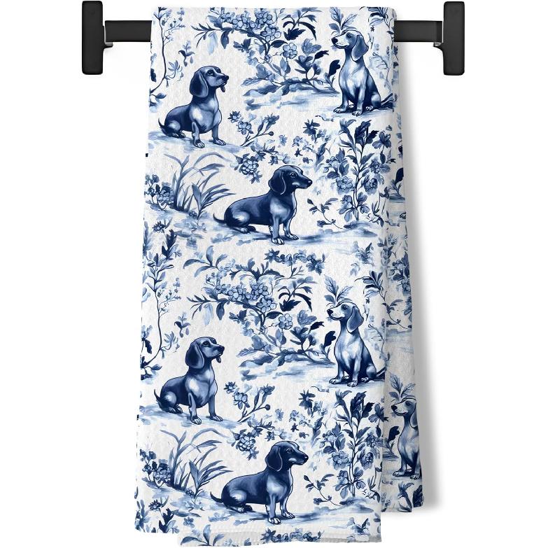 Pink Chinoiserie Dachshund Kitchen Towels,Pink Floral Botanical Dachshund Decorative Dish Tea Towels for Kitchen Bathroom,Weiner Dog Gifts for Women B-dachshund 01