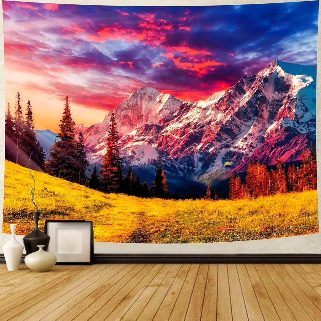 Delur Mountain Tapestry Boho Moon Stars Starry Night Tapestry Wall Hanging Forest Tree Nature Landscape Psychedelic Headboard Fo