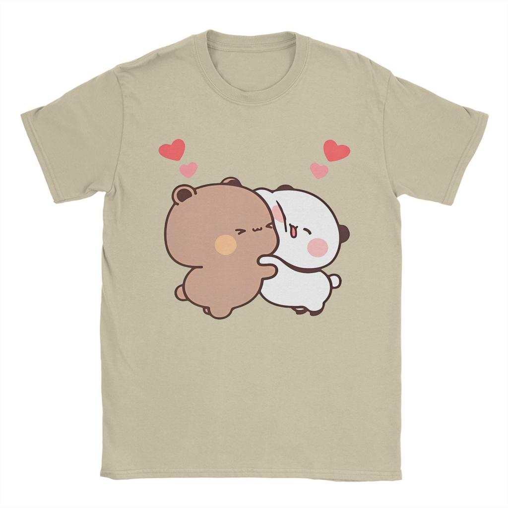 Druck Panda und Bär Bubu Dudu T-Shirt Damen Unisex Baumwolle Kurzarm Rundhals Paar Sommer Oberteile