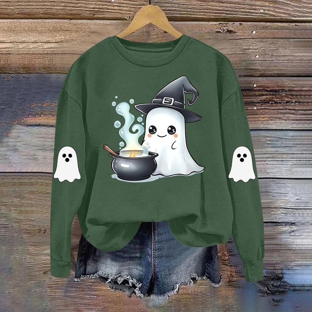 Women's Fashionable Casual Long-sleeved Halloween Printed Round-neck Top
