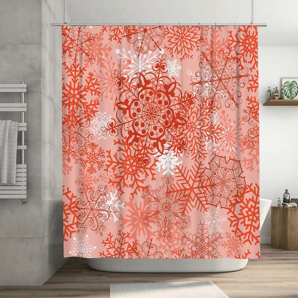 Red Floral Snowflake Bath Shower Curtain Fabric Home Decor Waterproof Bathroom Window Decoration 3D Printed Shower Curtain