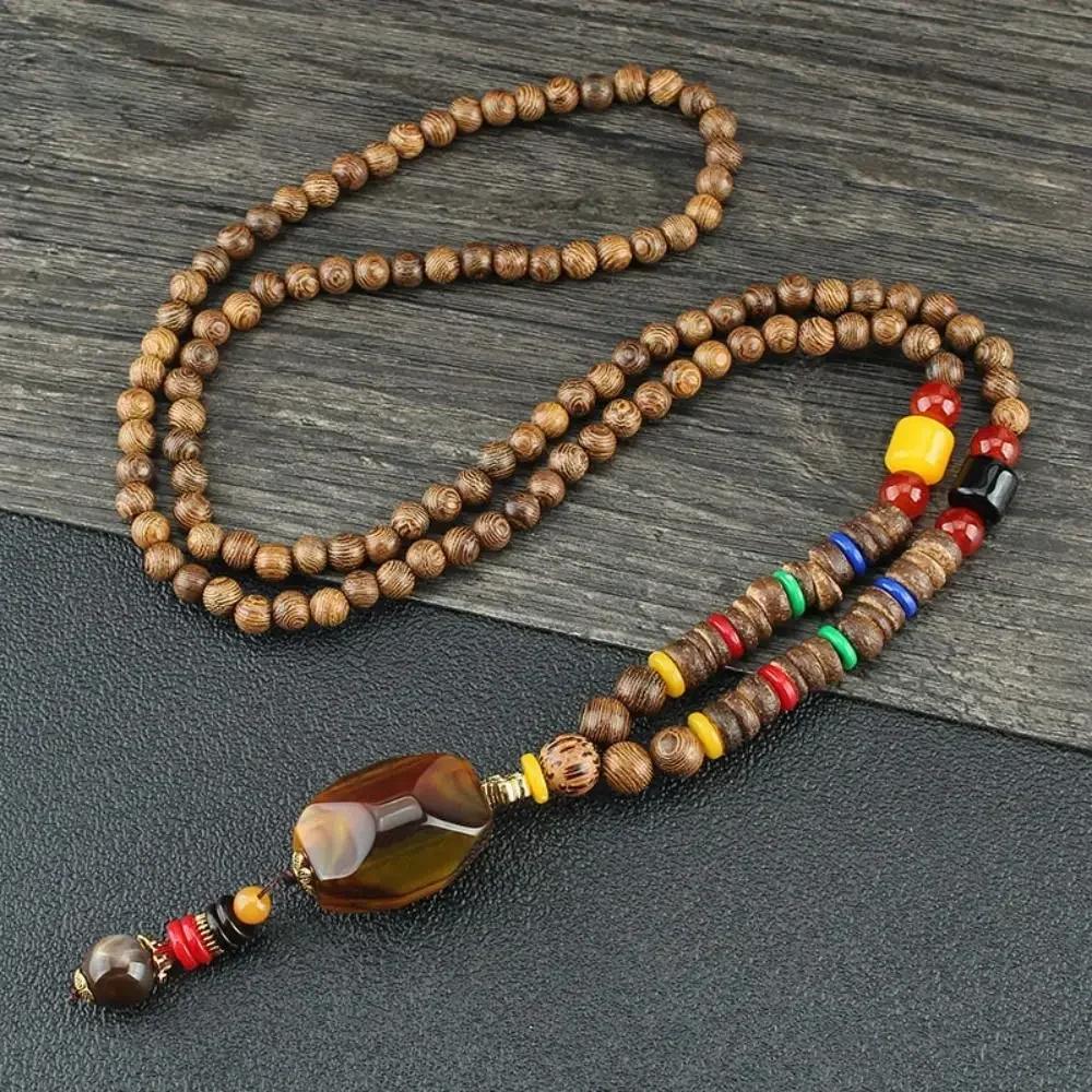 Handmade Nepal Buddhist Mala Bead Pendant Necklace Ethnic Wooden Bead Long Jewelry Gifts For Women