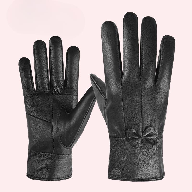 New Autumn and Winter Genuine Leather Gloves Women's Sheepskin Full Finger Fleece Warm Winter Cycling Gloves  Outdoor Skiing and Cycling
