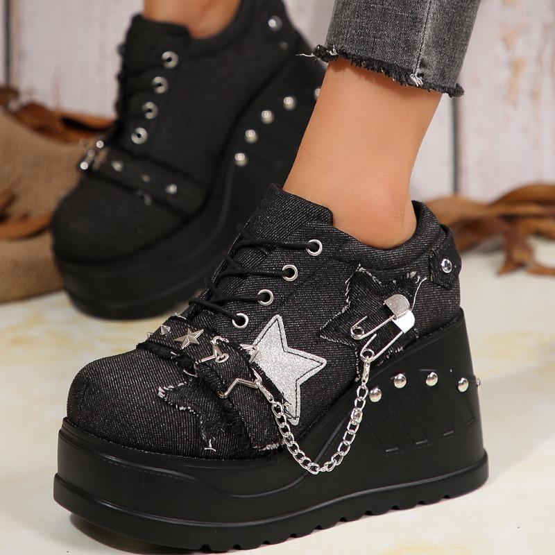 Fashion Women Sneakers Platform Rivet Chain Decoration Pumps Women Gothic Punk Wedges Shoes Mary Janes Lolita Shoes Zapatos De Mujer