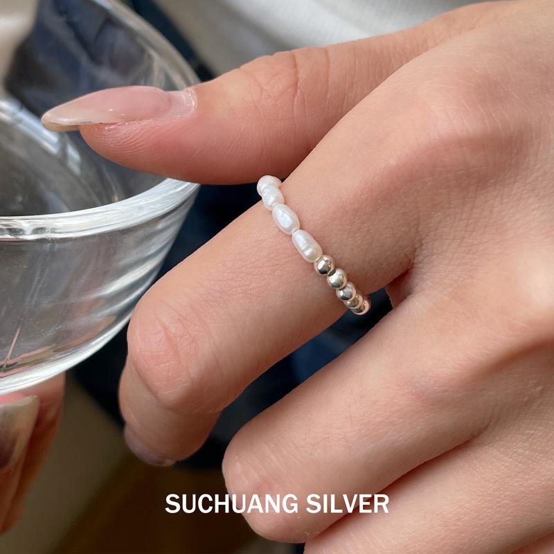 S925 Sterling Silver Freshwater Pearl Open Ring - Women's Stackable Frosted Band