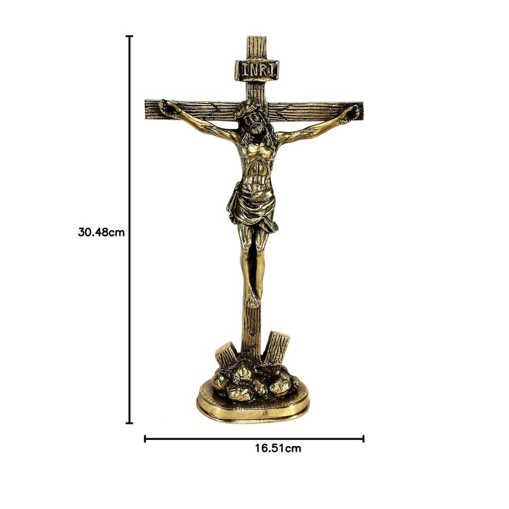 Brass Jesus Christ Cross in (Antique look) | Spiritual Idols | Religious Statues | Holy Statue of Christian (12 inches height)