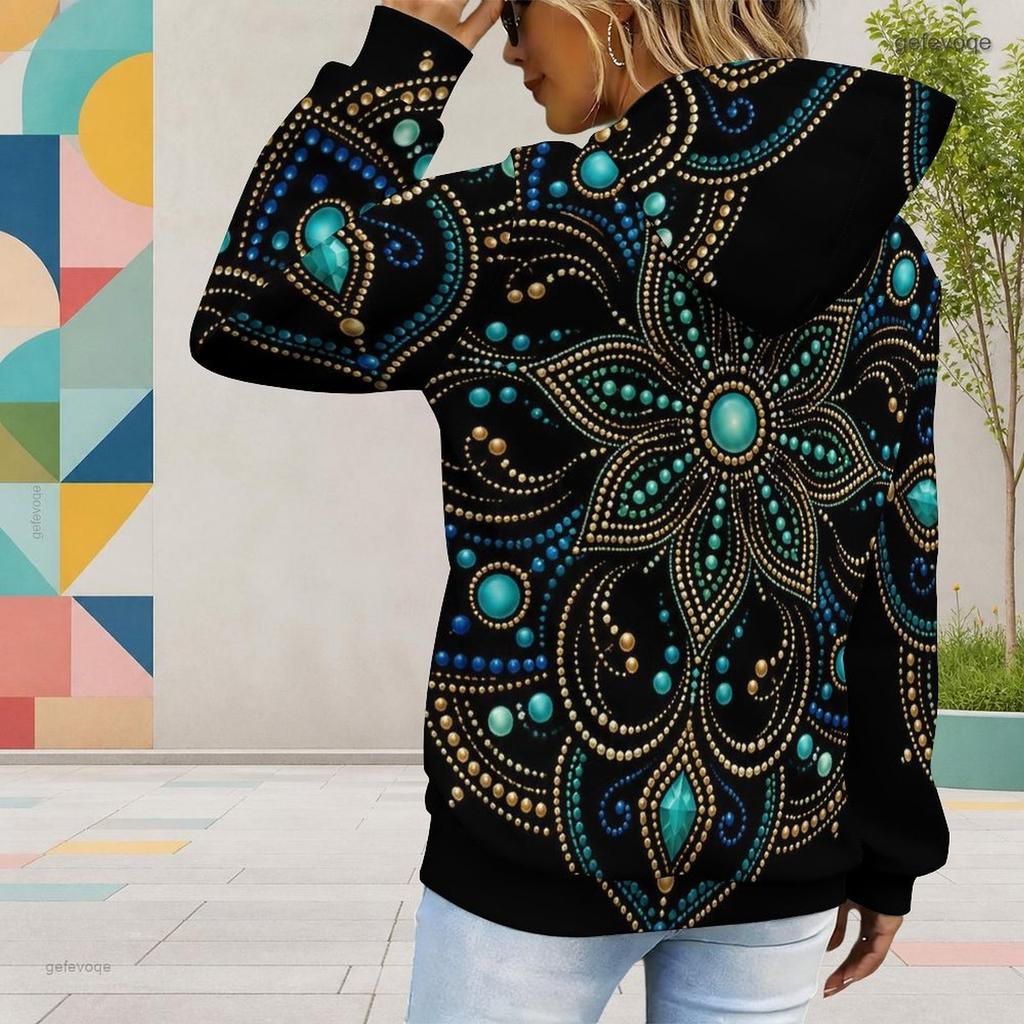 Women Plus Size Long Sleeve Colorful Galaxy Printed Hoodie Pullover With Drawstring Hood Kangaroo Pocket