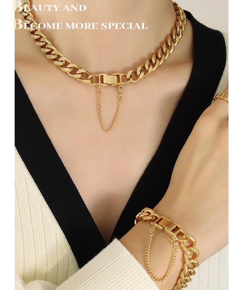 Exaggerated 18K Gold-Plated Titanium Steel Cuban Necklace & Bracelet Set - European/American Hip Hop Style
