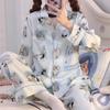 Cute Cat Print Pjs Satin Silk Sleepwear Long Sleeves Fashion Pyjamas Spring Summer Pajamas for Women Lapel Home Wear