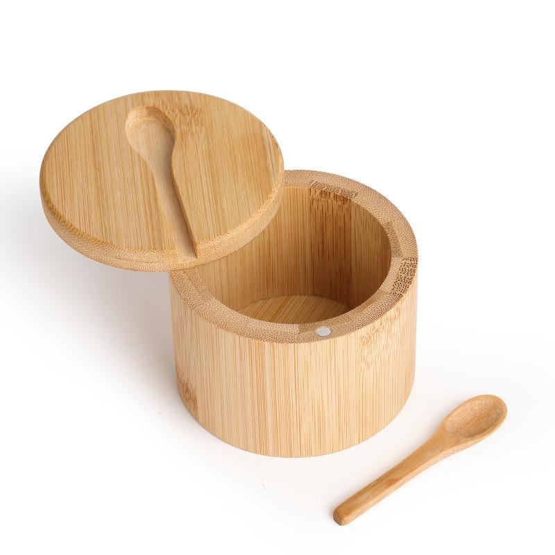 Bamboo Condiment Box Salt Seasoning Jars Pepper Jar Magnetic Rotating with Cover Sugar Container Holder Lid Function Multi Bowls