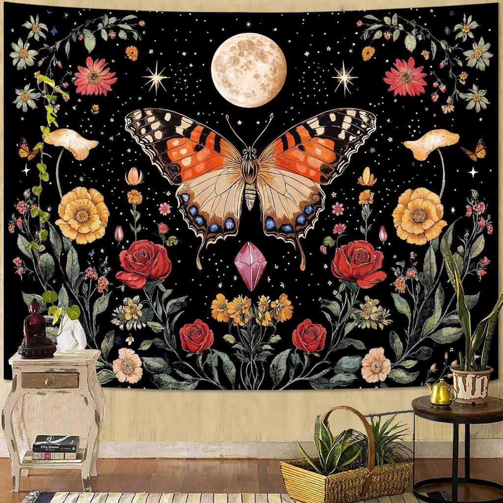 Butterfly Tapestry Moon Star Retro Floral Crystal Plant Aesthetic Tapestries for Bedroom Night Sky Room Decor Tapestries Wall