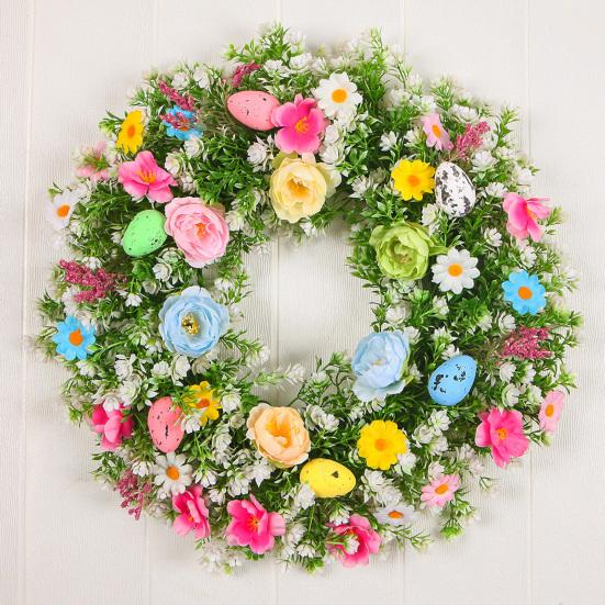 Easter Wreath for Front Door Artificial Spring Floral Wreath with Pastel Eggs for Home Indoor Outdoor